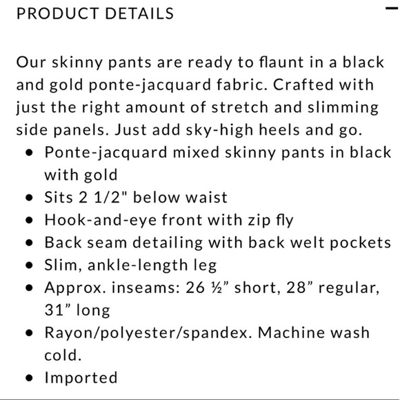 WHBM Black / Gold Brocade Ponte Jacquard Mixed Skinny Pants Size 0L - Picture 12 of 13
